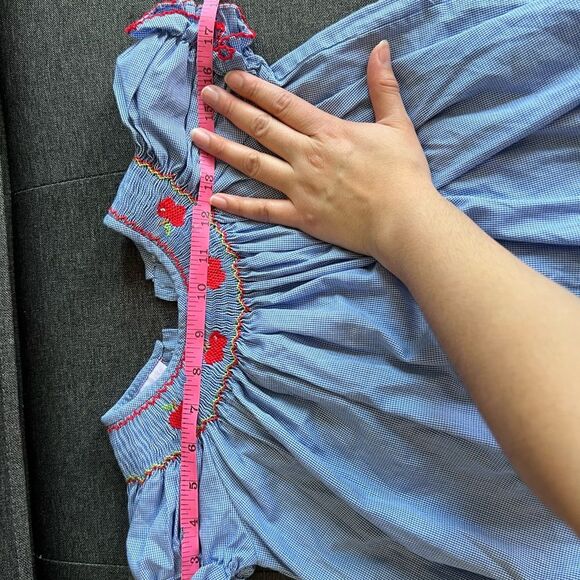 Petit Bébé || Girls Blue Checkered Embroidered Apple Hand Smoked 2T Dress - Picture 7 of 8